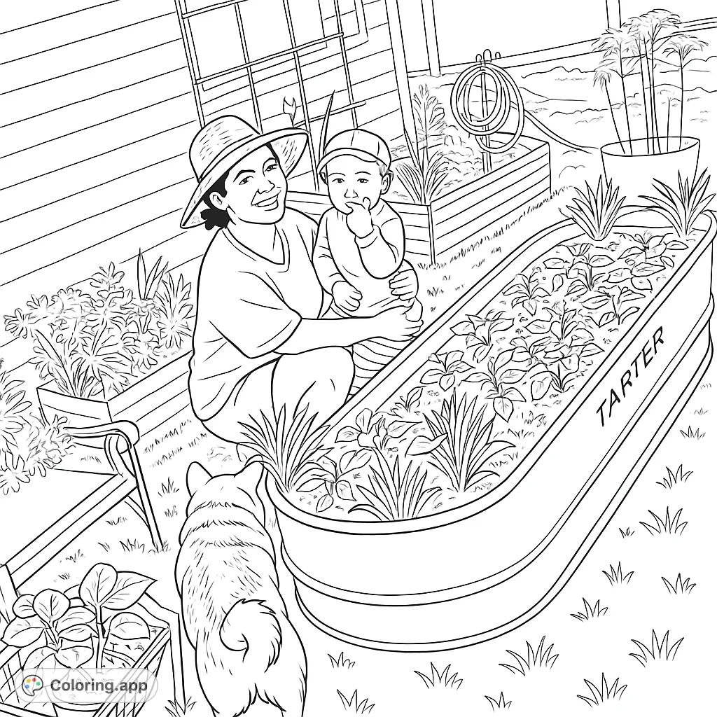 A heartwarming garden scene featuring a woman and child tending to plants, with their furry dog companion nearby. Perfect for nature lovers.