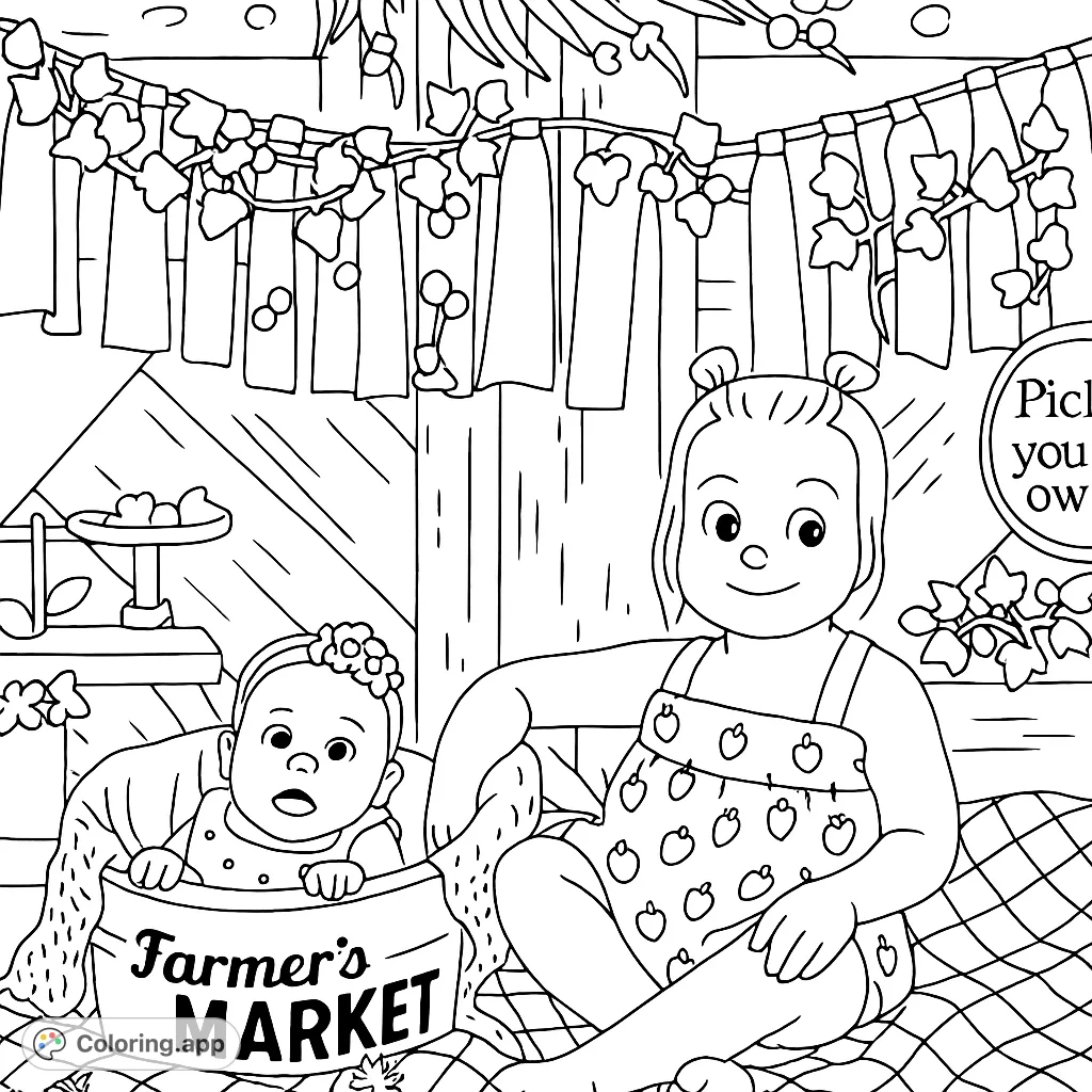 A delightful strawberry-themed coloring page featuring two adorable children at a farmer's market picnic, perfect for a sweet and simple coloring experience.