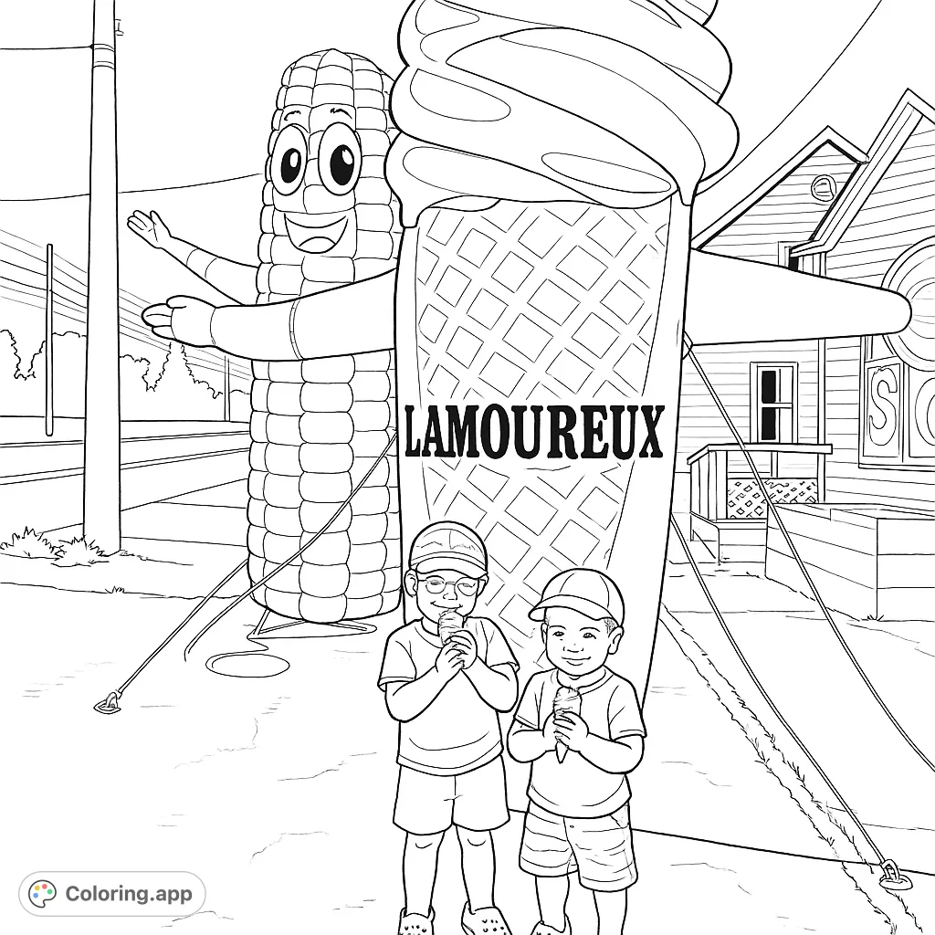 Two happy boys stand before giant inflatable ice cream and corn mascots, ready for a fun coloring adventure. A delightful scene for all ages!