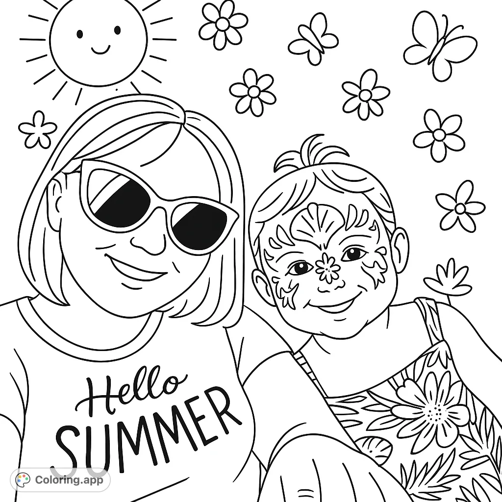 A delightful family fun coloring page featuring a smiling adult and child with face paint, ready for a summer adventure. Perfect for kids and adults!