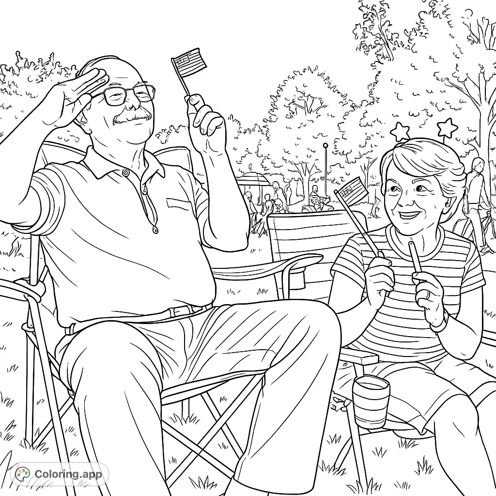 A festive patriotic park scene with two people in chairs, holding flags and star wands, ready for a celebration. Perfect for all ages.