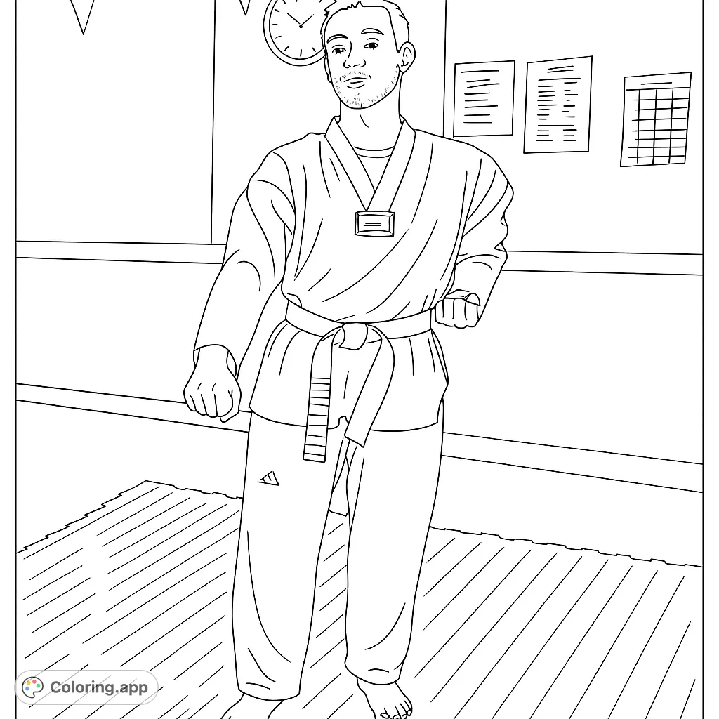 A dynamic martial arts coloring page featuring a focused practitioner in a traditional dobok, perfect for inspiring discipline and strength.