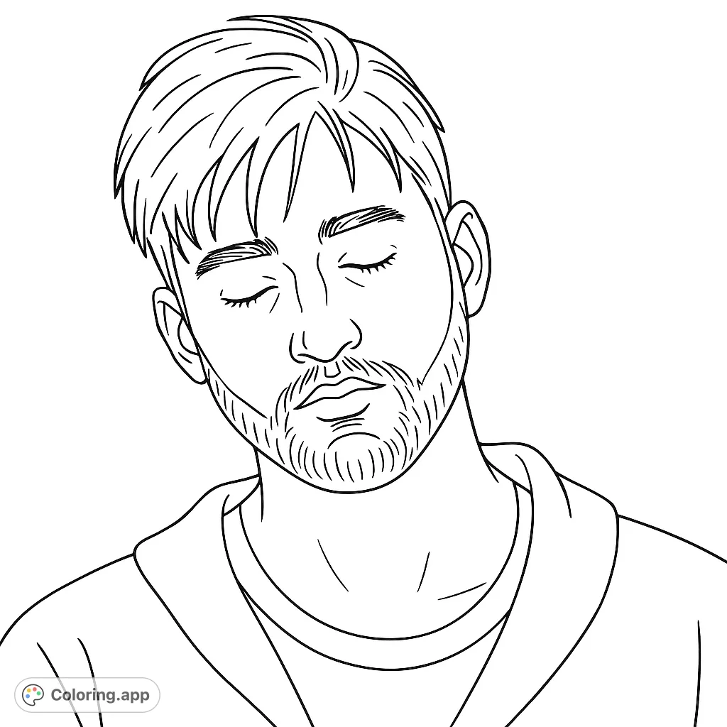 A detailed portrait of a man with a beard, looking down, perfect for exploring shading and texture. A thoughtful and engaging coloring experience.