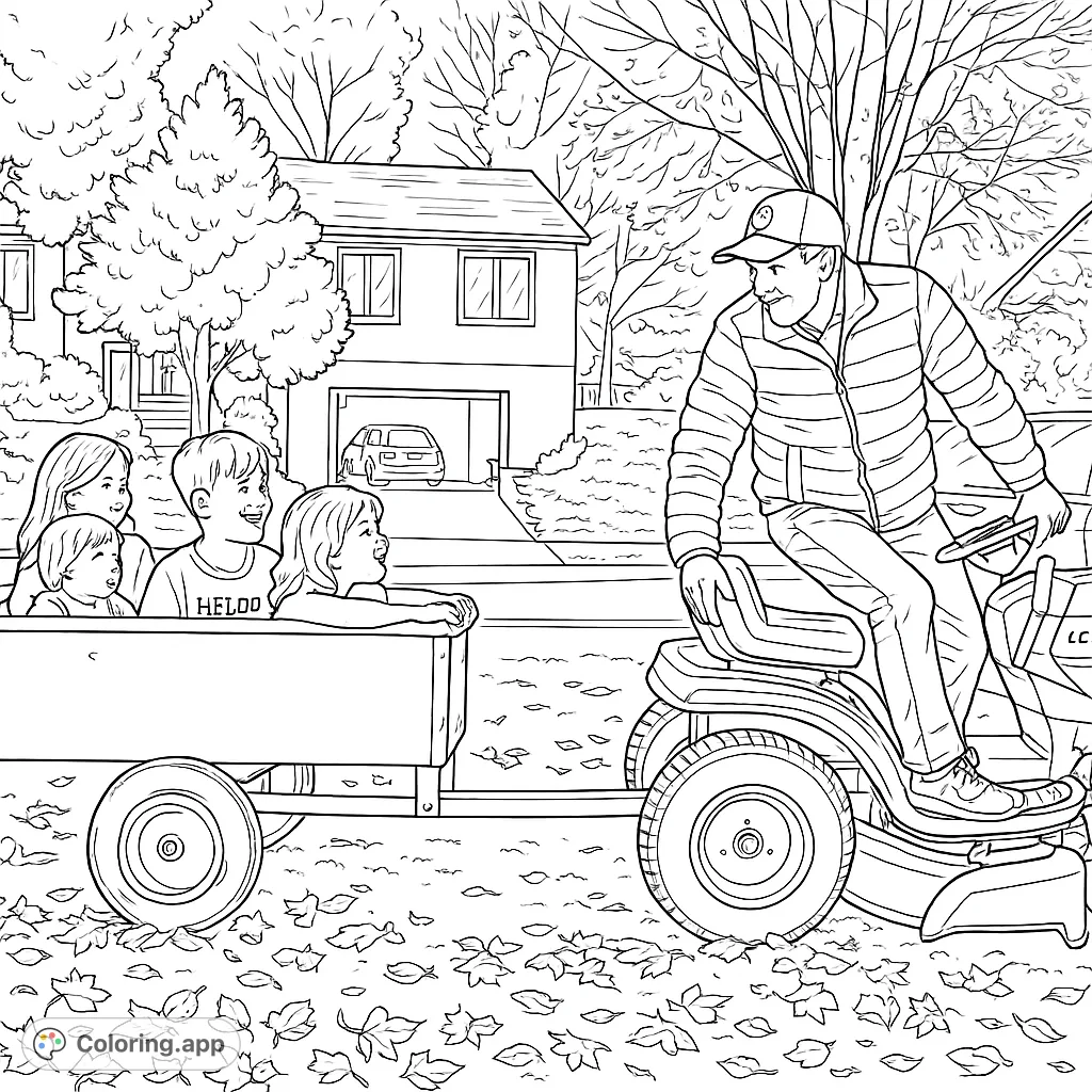 An exciting autumn wagon ride with a man driving a lawnmower and four happy children in tow. Perfect for fall family fun!