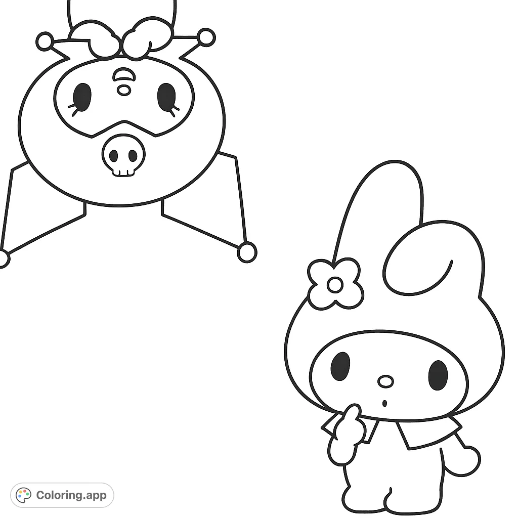 Adorable Kuromi hangs upside down while sweet My Melody poses, ready for vibrant colors. A fun, free printable character coloring page.