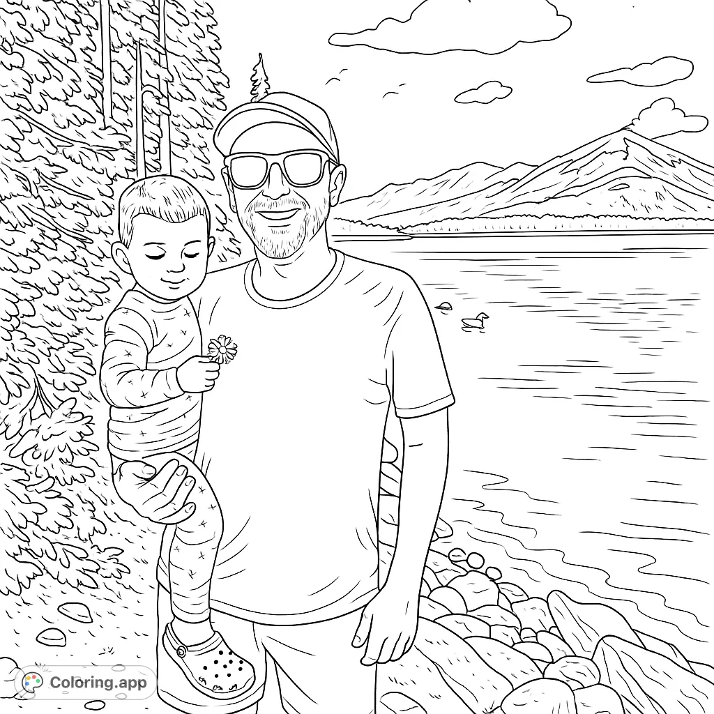 A heartwarming father and child lakeside adventure coloring page, featuring a man holding a child with a flower, surrounded by nature's beauty.