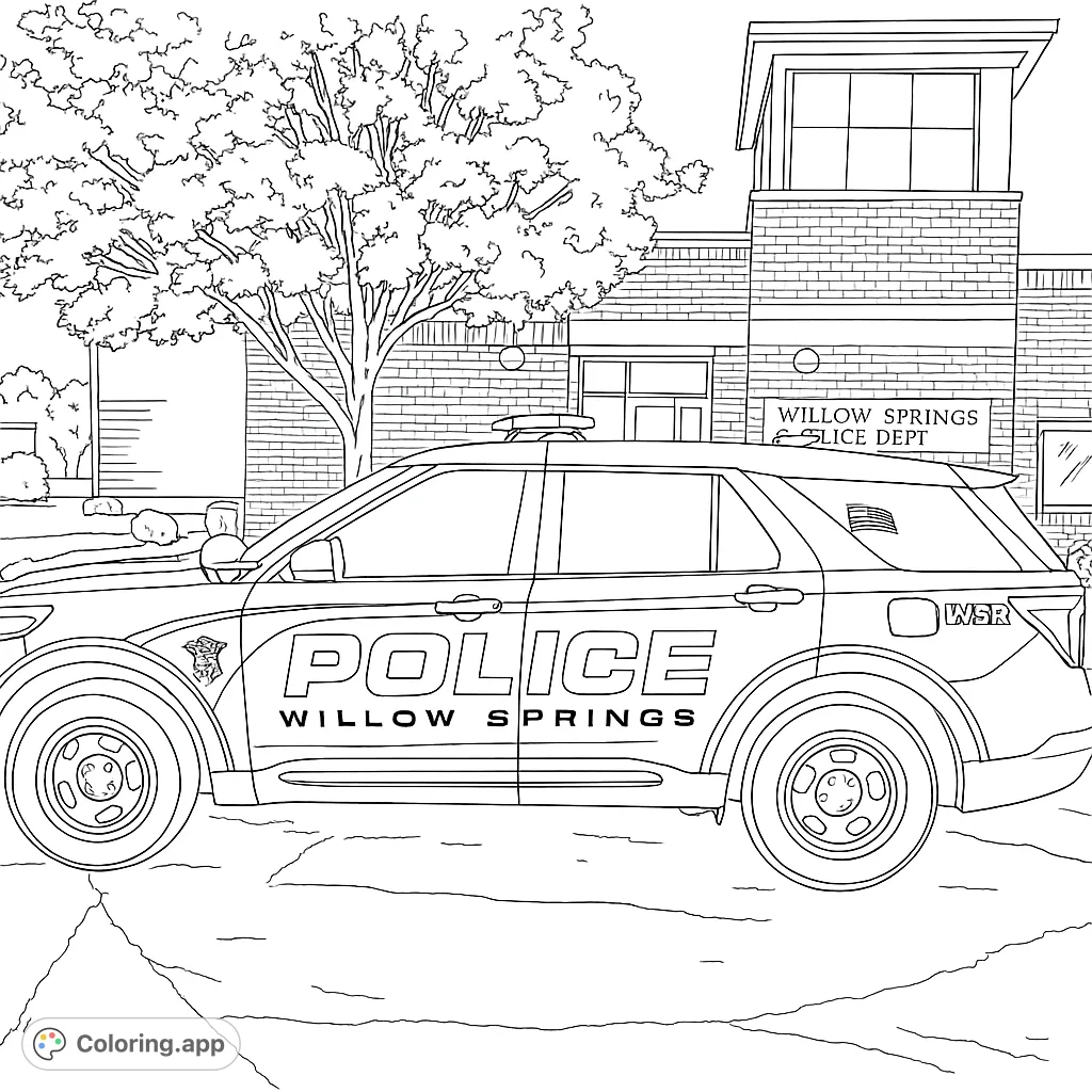 Color a detailed police patrol vehicle parked outside a community building, complete with emergency lights and official markings. A great free printable coloring page!