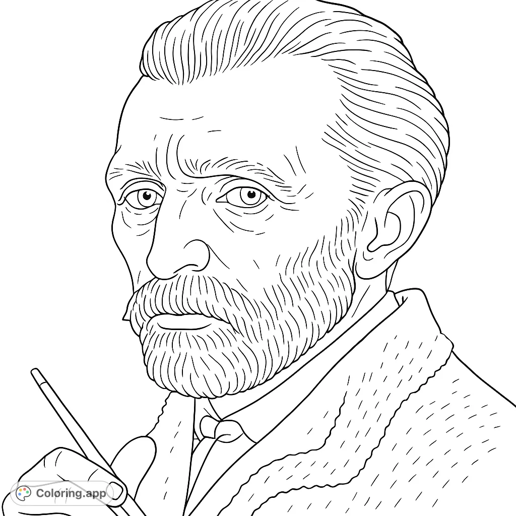 Color a detailed portrait of a famous artist with a distinctive beard and intense gaze, holding a pencil, ready for your creative touch.