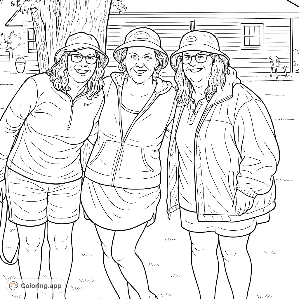 Capture the joy of friendship with three smiling women outdoors. A detailed scene with a large tree, house, and grassy ground awaits your colors.