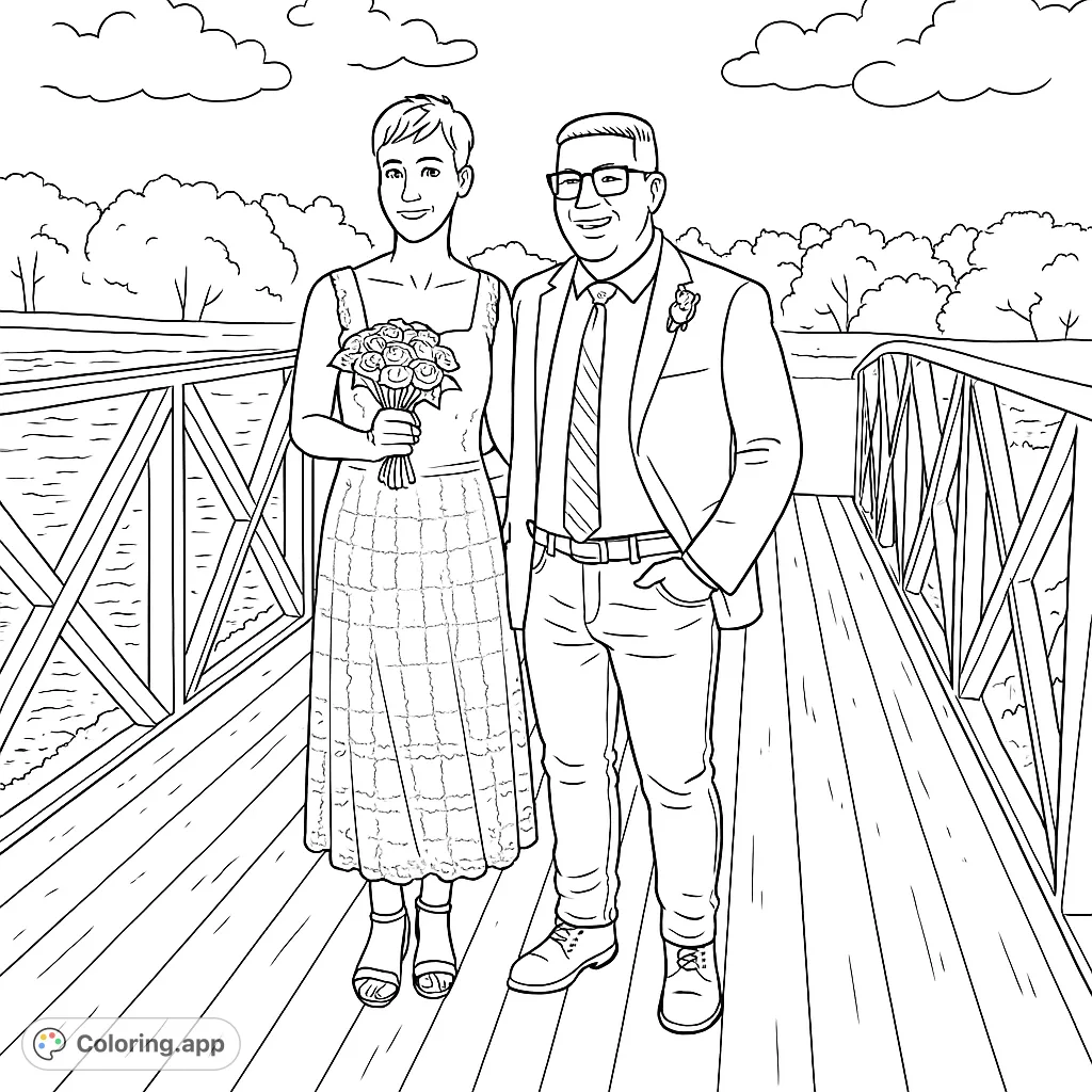Celebrate love with this charming wedding couple coloring page. Features a happy pair on a scenic bridge, perfect for personalizing special moments.