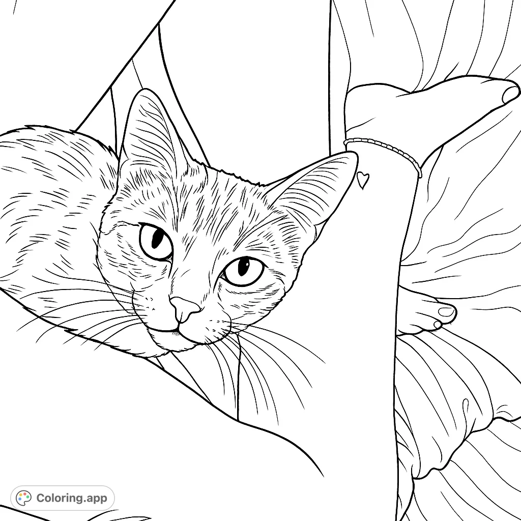 A charming cat peeks from cozy human limbs, inviting colorists to bring this heartwarming scene to life. Perfect for cat lovers and relaxation.