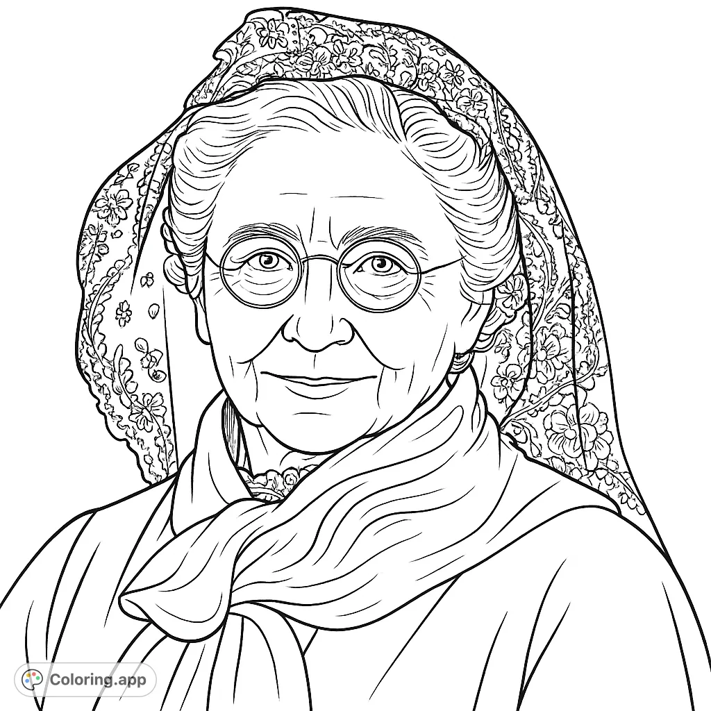 An elegant portrait of an older woman in a beautiful lace veil and textured attire, perfect for a detailed coloring experience. A serene and timeless design.