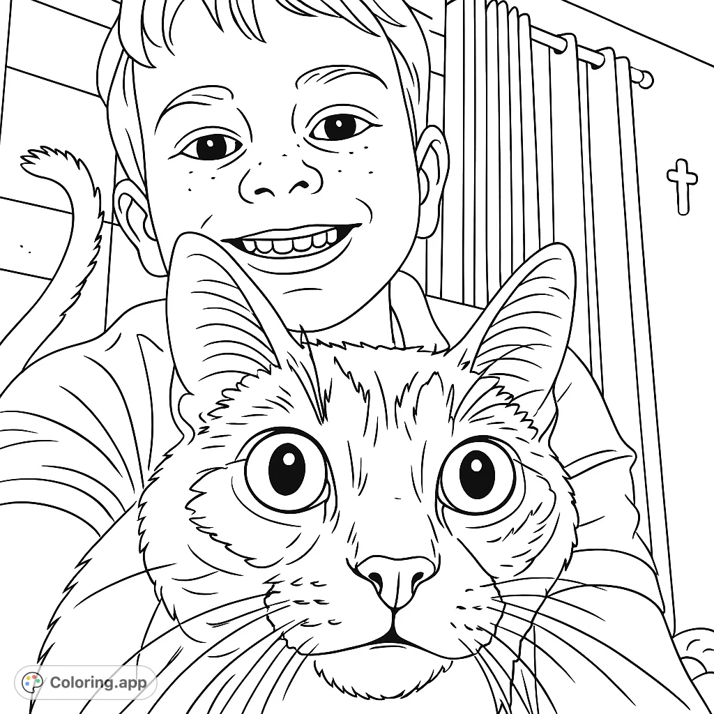 A heartwarming boy and cat coloring page featuring a smiling child and his wide-eyed feline friend. Perfect for pet lovers and family fun.