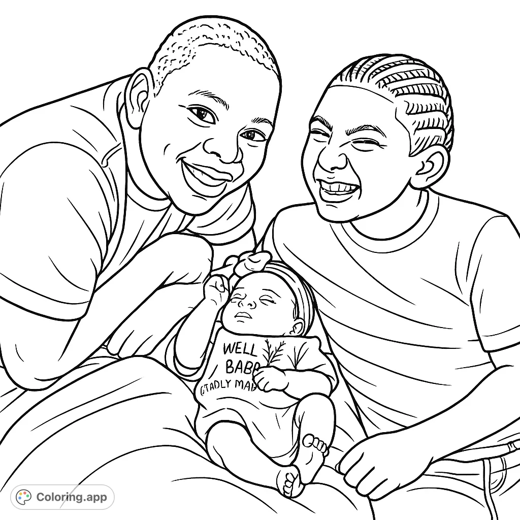 A heartwarming family portrait featuring two older brothers smiling beside their peacefully sleeping newborn sibling. A joyful scene for coloring.
