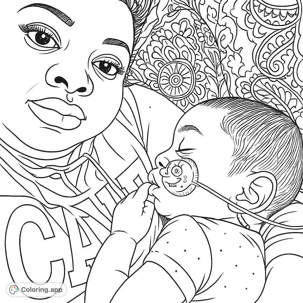 A tender moment between an adult and child, capturing a peaceful embrace with intricate background patterns. Perfect for a comforting coloring experience.