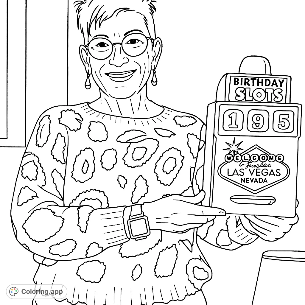 A festive birthday slots coloring page featuring a woman in a leopard print sweater holding a fun slot machine, perfect for celebration.