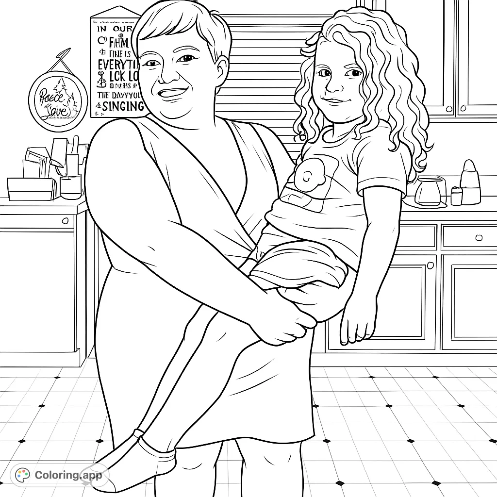 A heartwarming family coloring page featuring an adult holding a child, perfect for celebrating bonds. Enjoy coloring their expressions and the detailed kitchen background.