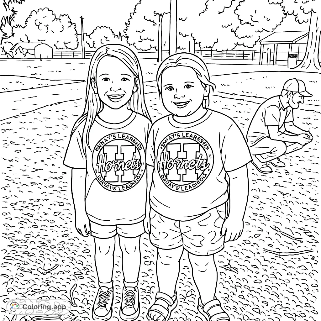 Two happy girls stand smiling outdoors, ready for a fun coloring adventure. Perfect for kids and families to enjoy!