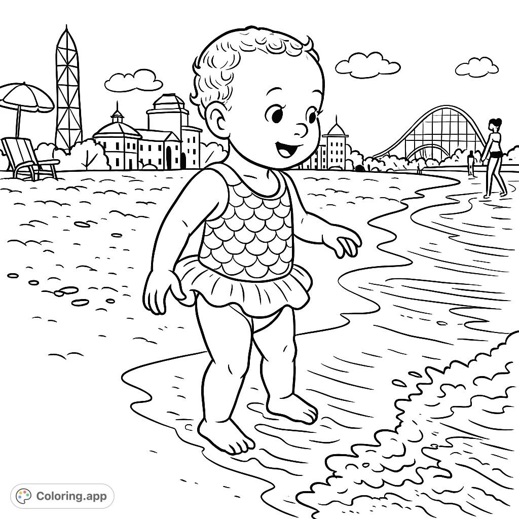 Adorable toddler in a mermaid swimsuit exploring the beach, with distant amusement park rides. A delightful scene for young colorists.