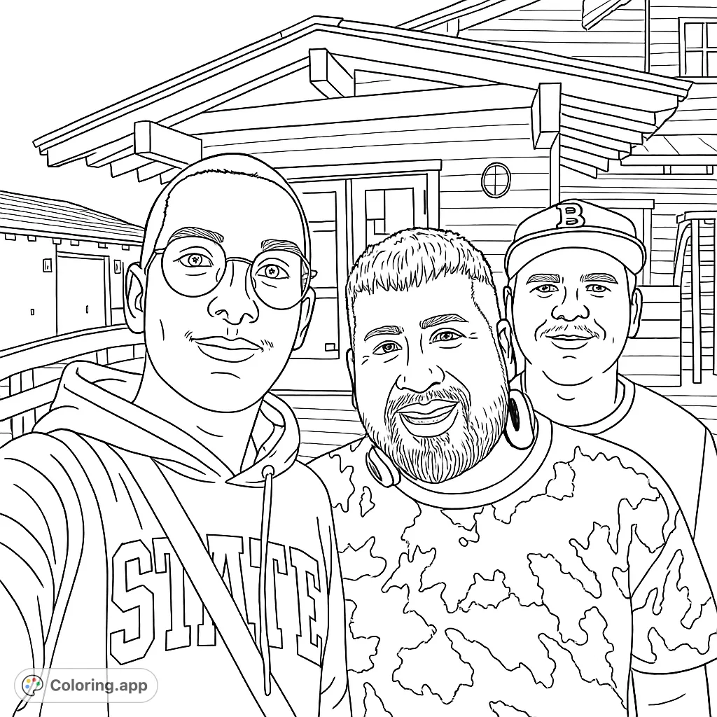 A fun coloring page featuring three friends smiling on a wooden pier, with a charming building in the background. Perfect for personalizing expressions and outfits.