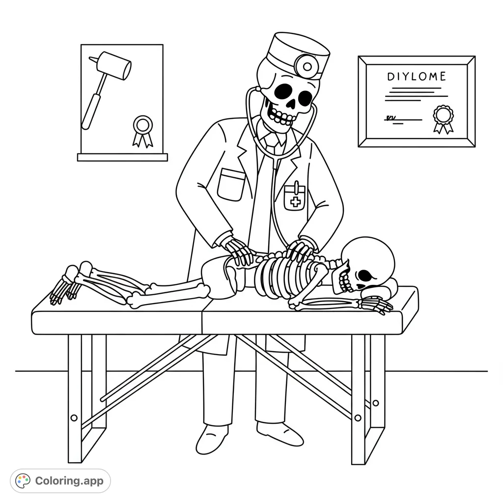 A humorous skeleton doctor adjusts a patient skeleton's back. A funny, unique skeleton coloring page for adults and teens.