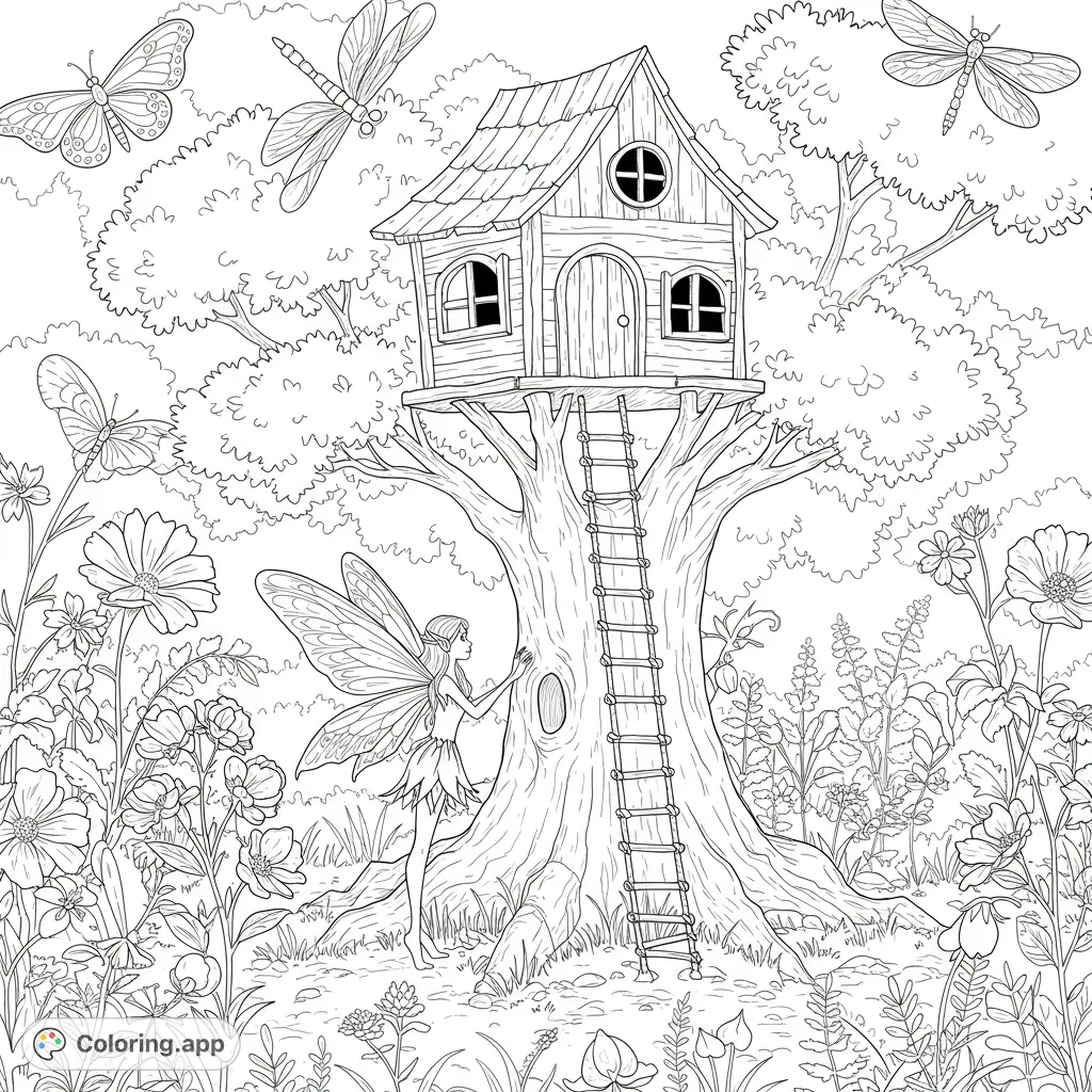 A whimsical fairy approaches her enchanting treehouse, surrounded by delicate butterflies, graceful dragonflies, and blooming flowers, perfect for magical coloring.