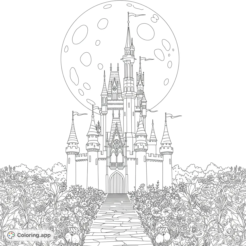 Explore a magical fantasy castle nestled in a moonlit garden, adorned with enchanting glowing flowers. A captivating scene for all ages.