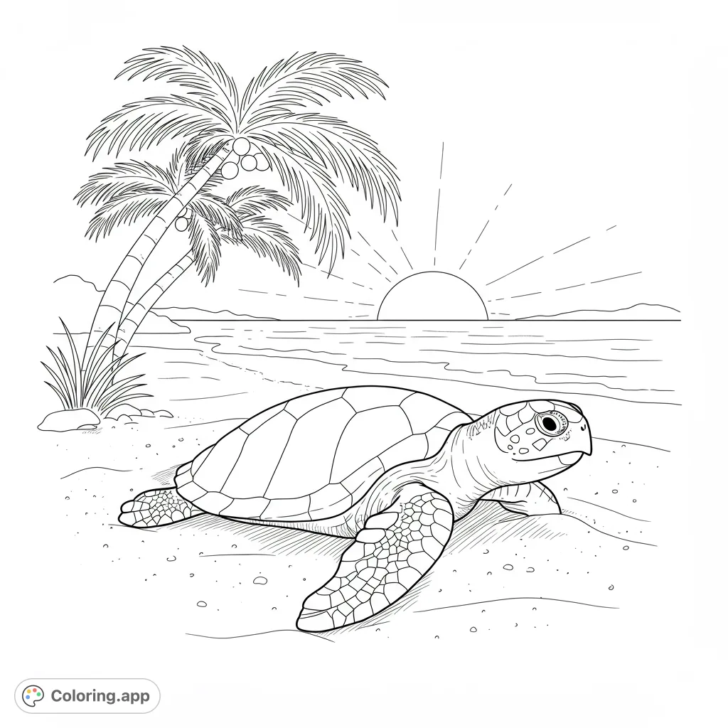 A serene sea turtle rests on a sandy beach, framed by swaying palm trees under a beautiful sunset. A peaceful tropical scene for coloring.
