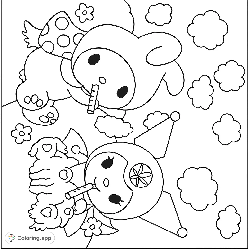 My Melody and Kuromi relaxing with a spotted mushroom and clouds, a cute characters coloring page perfect for fans of adorable designs.