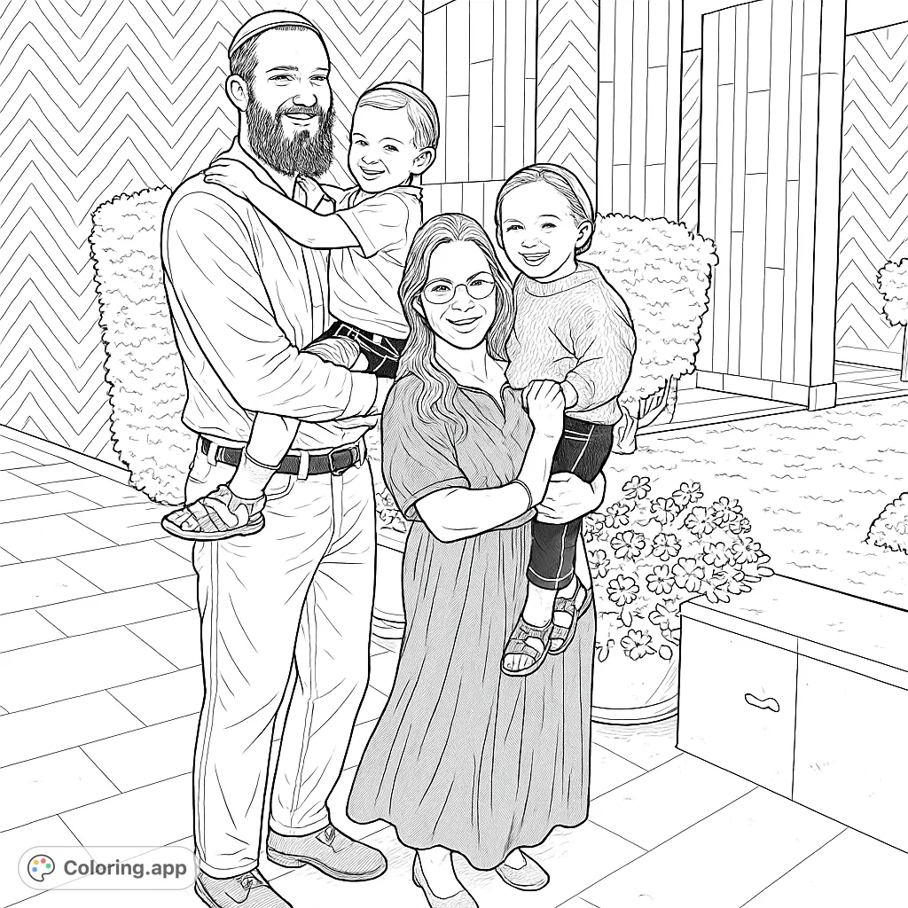A heartwarming family portrait featuring a joyful family of four, including two happy children, captured in a loving outdoor scene. Perfect for all ages.