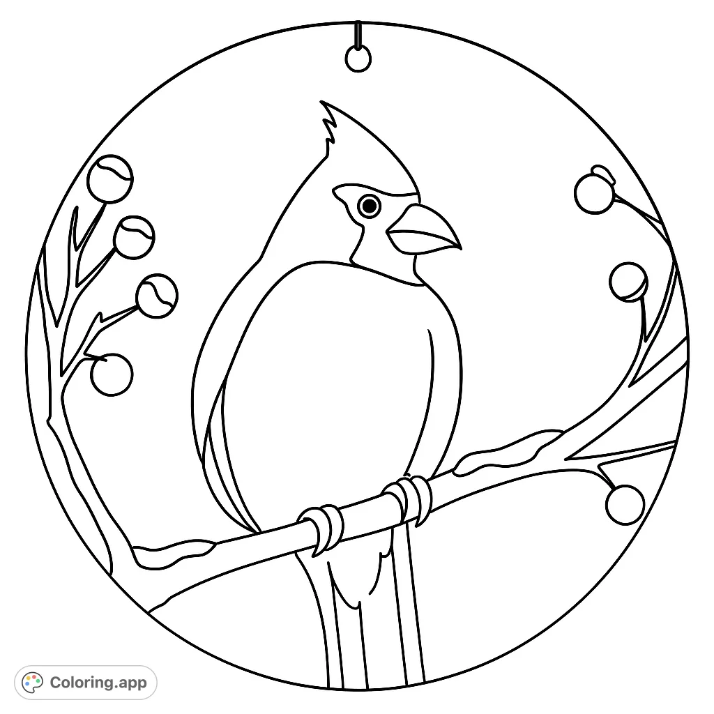 A majestic crested bird perches on a snow-dusted branch adorned with berries, set within a charming circular frame. A delightful winter scene.