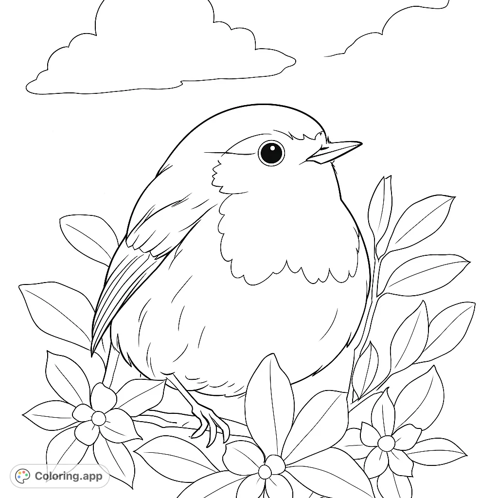A charming robin perched among lush leaves and delicate flowers, offering a delightful nature scene ready for vibrant colors and creative expression.
