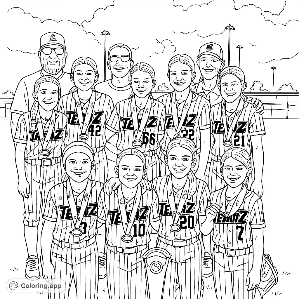 Celebrate victory with a softball team! This free printable coloring page features smiling players, coaches, medals, and a trophy on a grassy field.