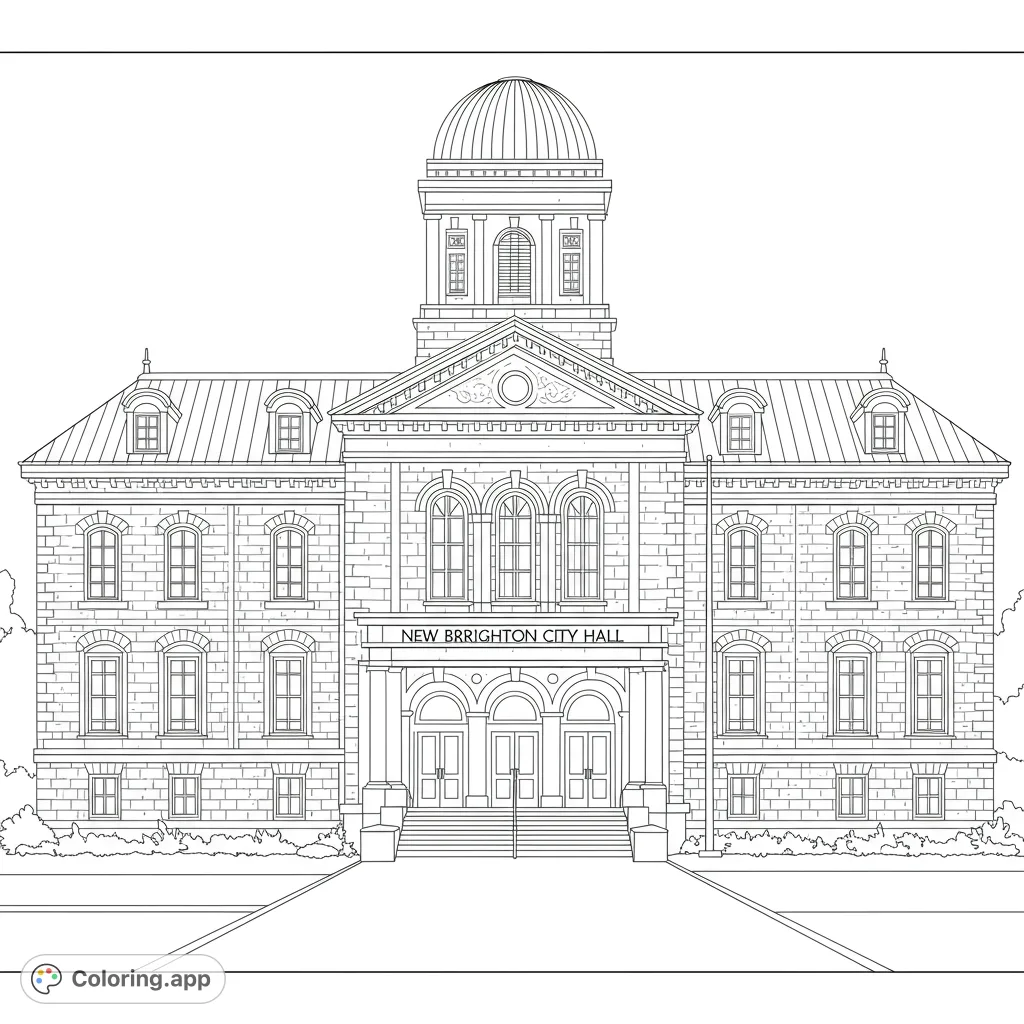 A detailed New Brighton City Hall coloring page, featuring its distinct architecture with clean lines and balanced spaces for a relaxing coloring experience.