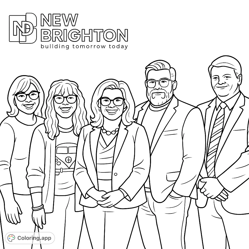 A friendly team of five professionals, three women and two men, ready for coloring. Features diverse hairstyles, glasses, and clothing details.