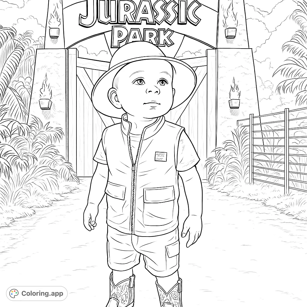 A cute child explorer in a safari outfit stands before a grand dinosaur park gate, ready for adventure. Perfect for young dinosaur fans.