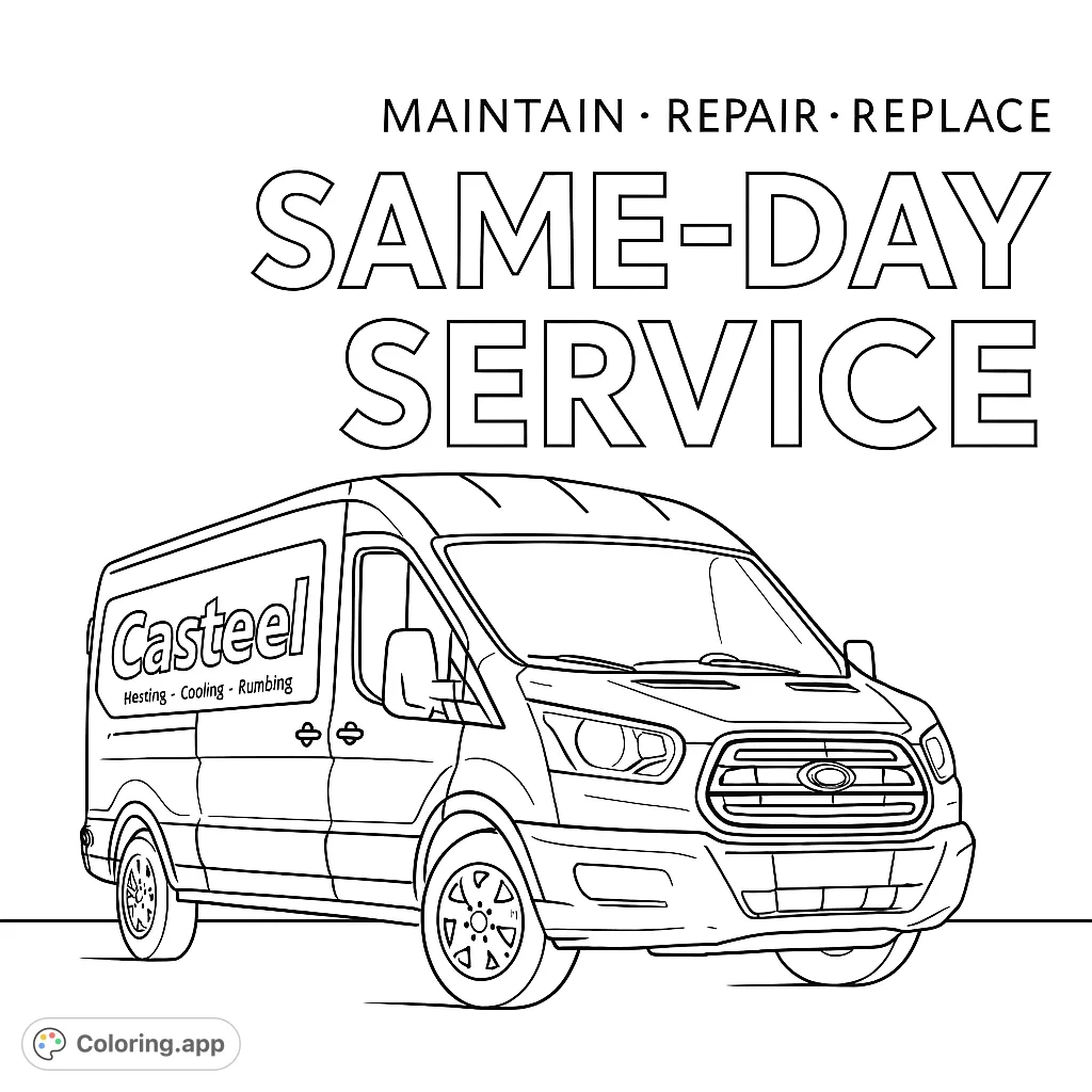 Color a detailed service van with a prominent grille and side paneling, set against a simple, horizontally divided background. Perfect for vehicle enthusiasts!
