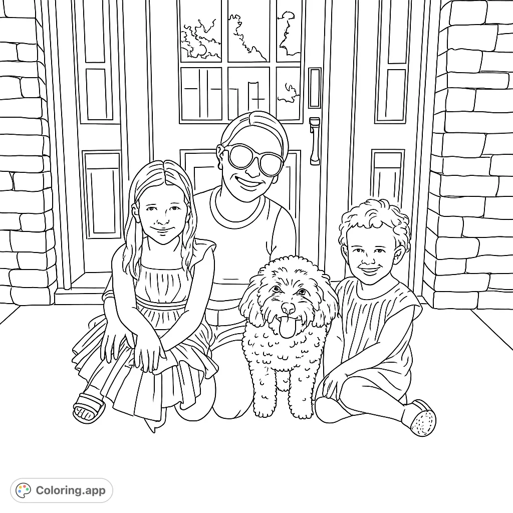 A heartwarming family portrait featuring a woman, two smiling girls, and their fluffy dog on a porch. Perfect for a delightful coloring experience.