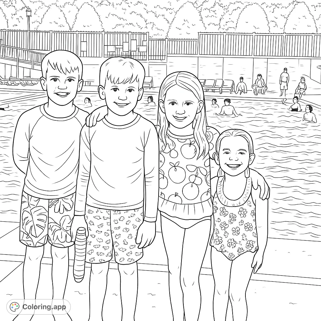Four happy kids pose by a lively swimming pool, ready for summer fun. Perfect for a summer pool party coloring page.