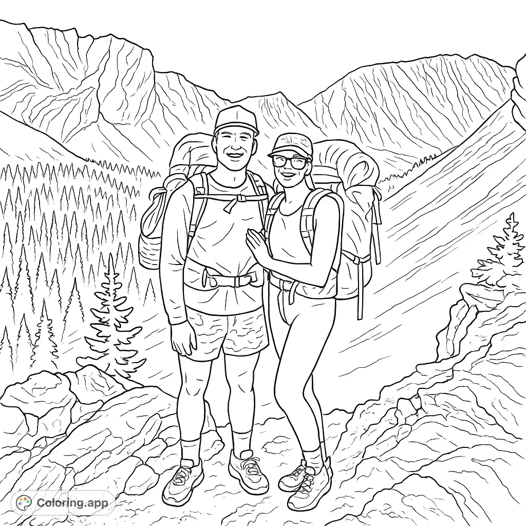 Embark on a mountain adventure! Two hikers with large backpacks stand on a rocky peak, overlooking a vast forest and majestic mountains under a clear sky.