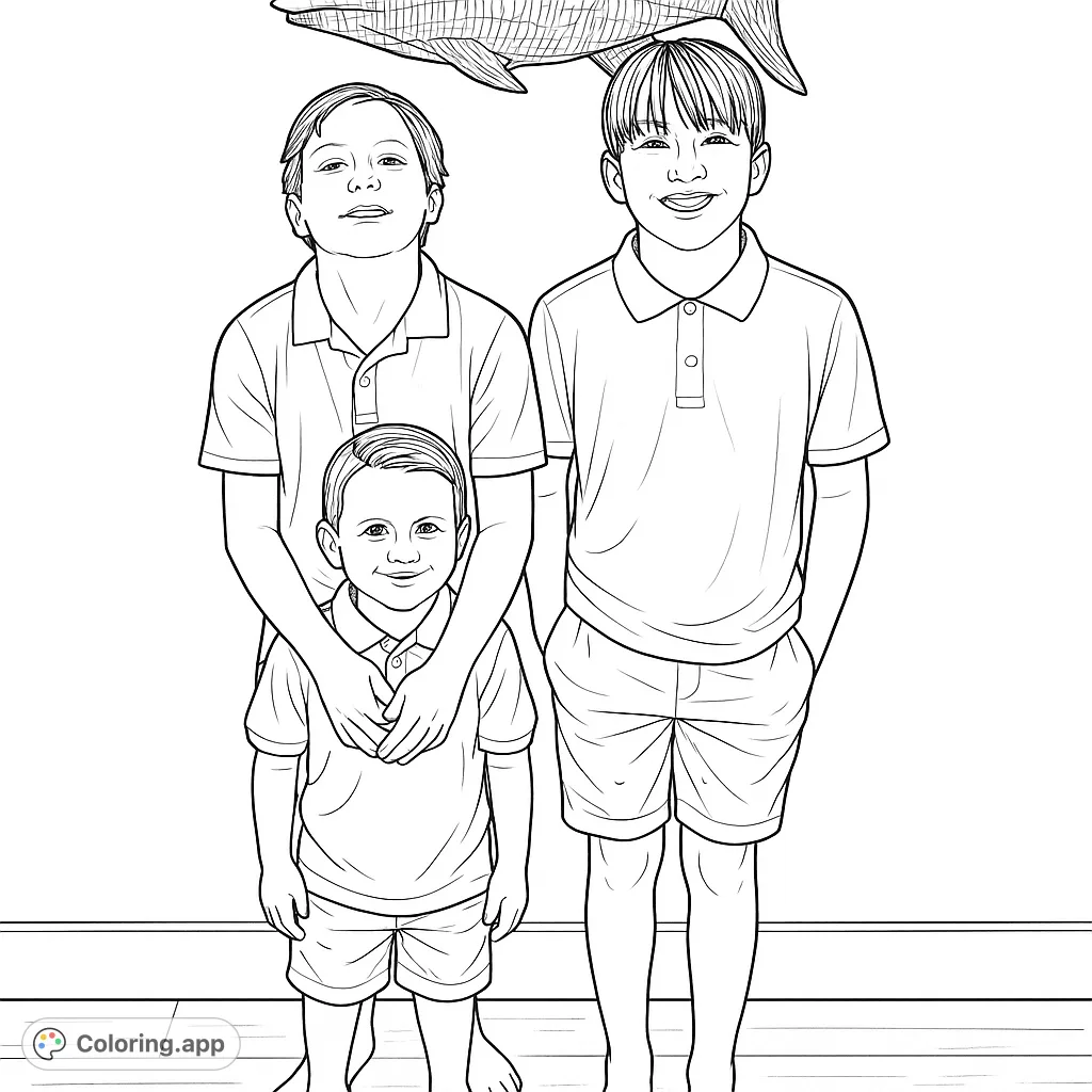 A heartwarming scene of three brothers, with the youngest held by an older sibling, standing beneath a unique fish decoration. Perfect for family fun!