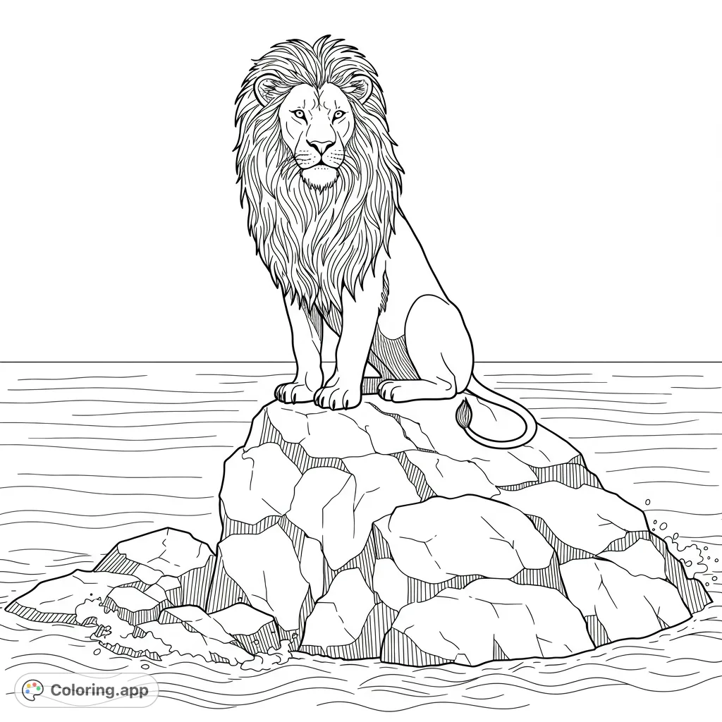 A powerful lion rests on a rugged rock overlooking a serene ocean, perfect for a majestic big cat coloring page.