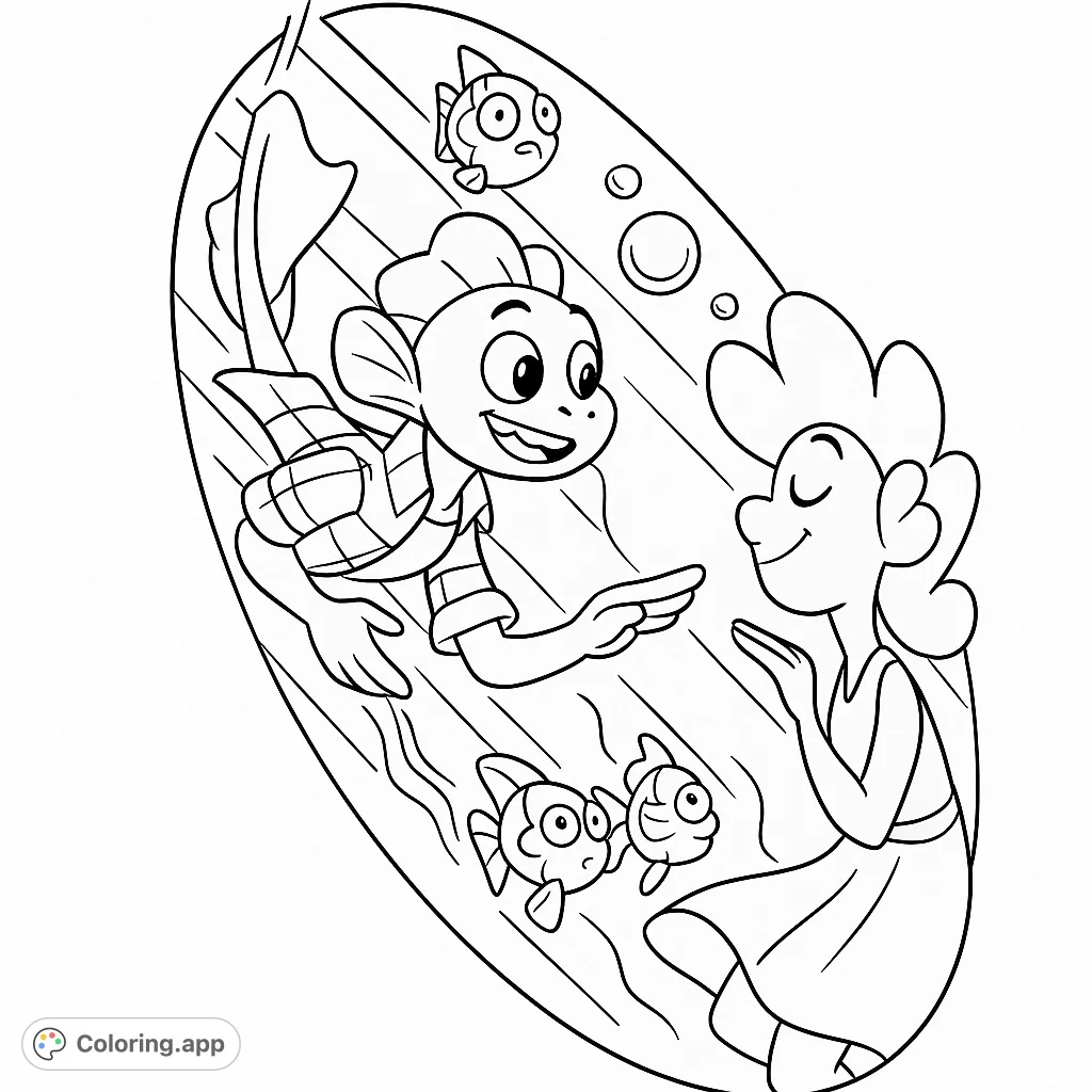Dive into an aquatic adventure with two cheerful friends and playful fish. A delightful underwater scene perfect for creative coloring fun!