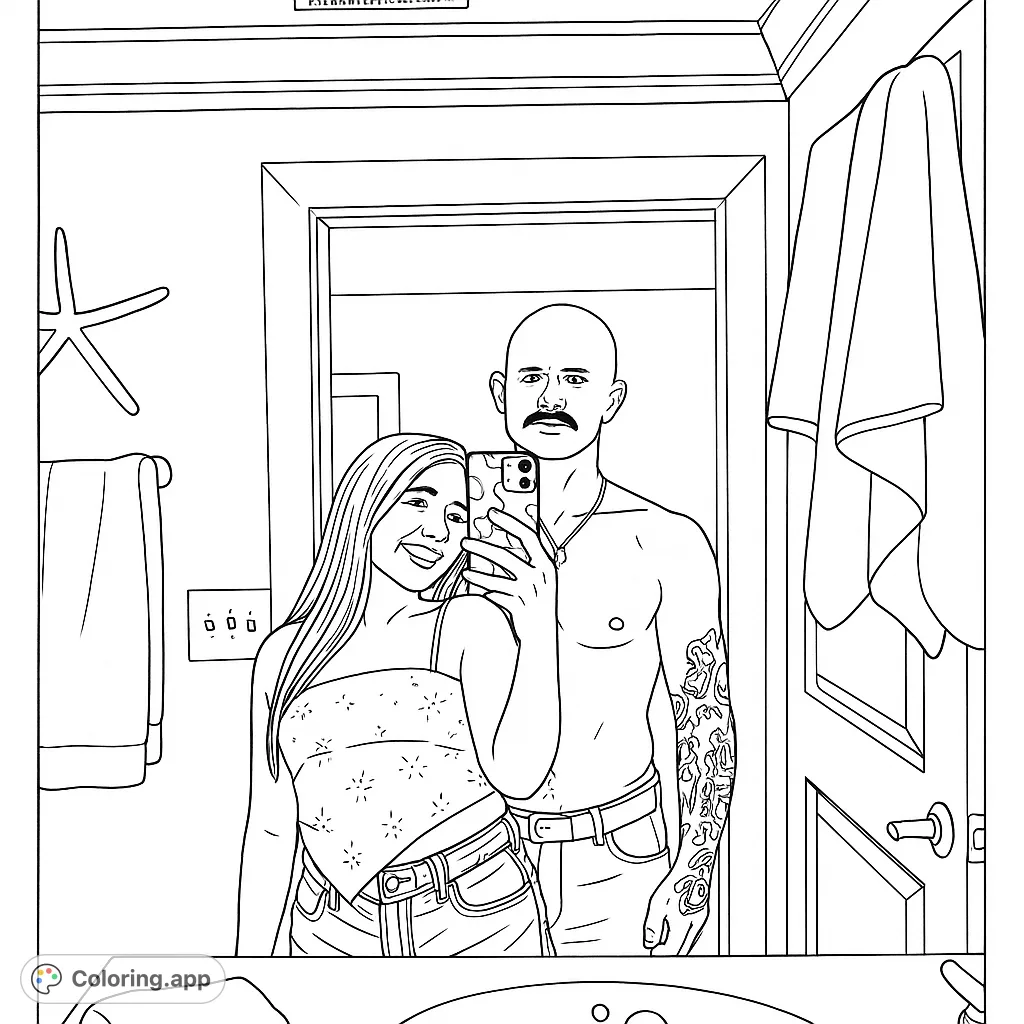 A charming couple captures a mirror selfie in a detailed bathroom setting, perfect for personalizing with vibrant colors and intricate patterns.
