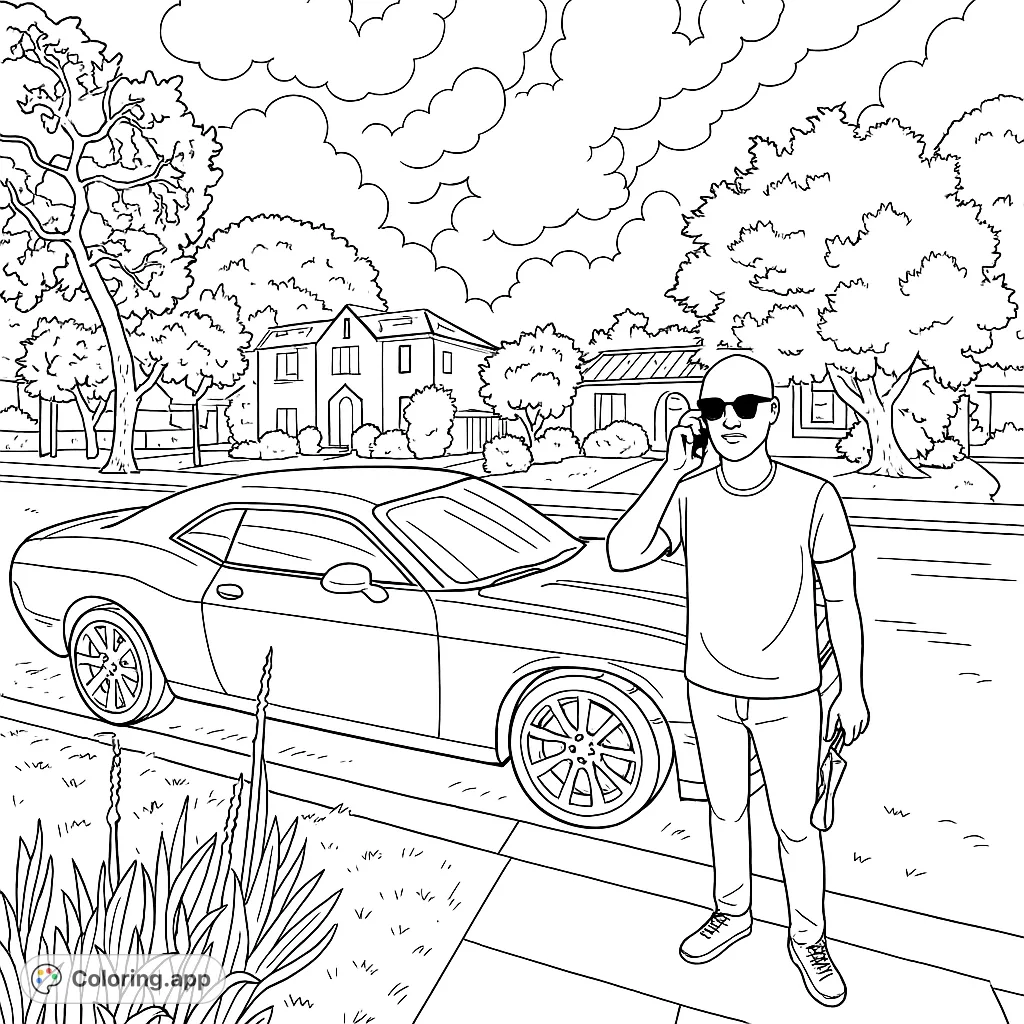 Color a sleek sports car and a man on a city street. Features detailed car, urban background, and a cloudy sky. Perfect for car enthusiasts!