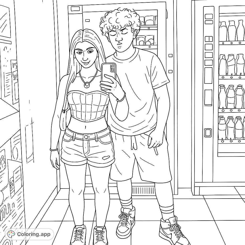 A fun couple poses for a mirror selfie in front of vending machines. Perfect for a modern, urban-themed coloring page.