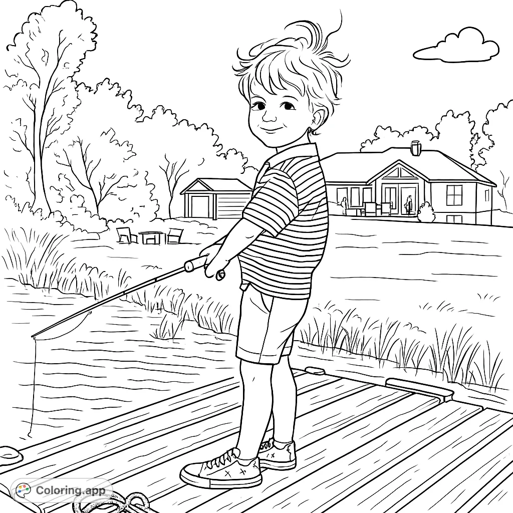 A cheerful boy stands on a wooden dock, holding a fishing rod, ready for a lakeside adventure. Perfect for a relaxing fishing coloring page.