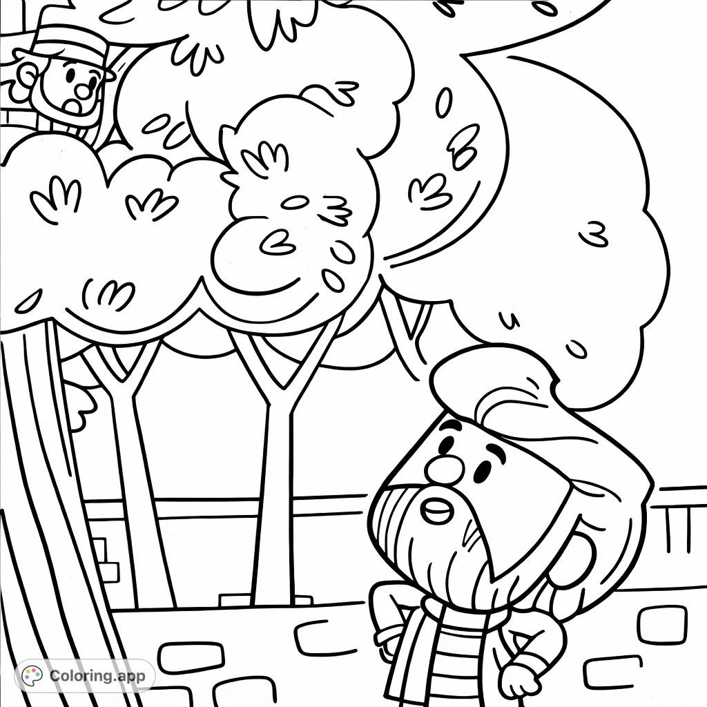 Explore a whimsical scene where a bearded man looks up at another peering from a leafy tree, against a backdrop of stone walls and more trees. A fun, engaging adventure for all.