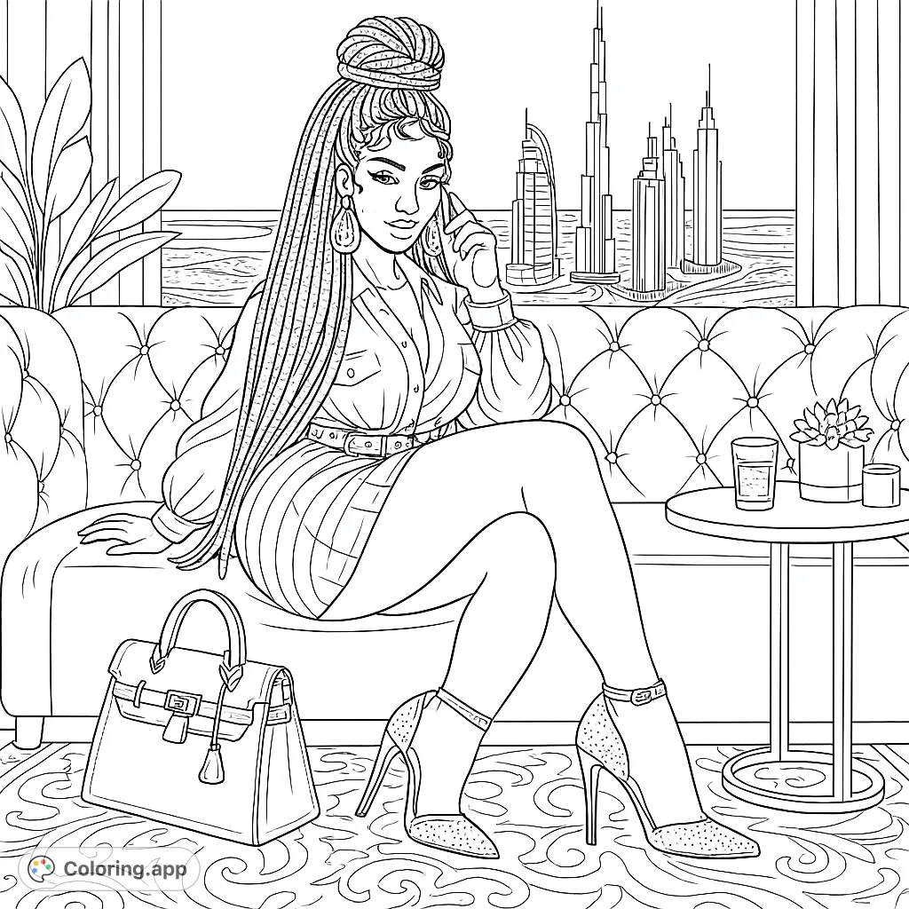 A stylish woman on a tufted sofa, talking on her phone, with a panoramic city skyline and water view. Features intricate details for advanced colorists.