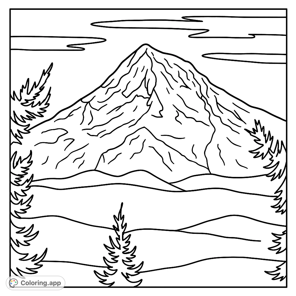 A stunning mountain landscape featuring a majestic snow-capped peak framed by detailed evergreen trees and rolling hills, perfect for nature lovers.
